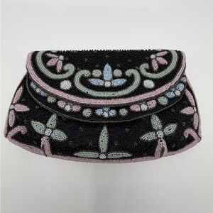 Vintage Beaded fold over snap closure Clutch - Black and Pink
